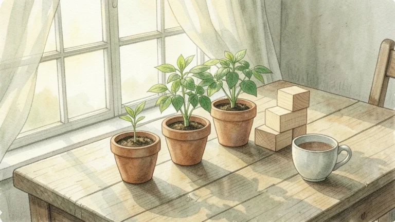 夕方の窓辺の食卓に並んだ育ち具合の違う3つの鉢植えと積み木で、時間とともに増える資産を表す演出イメージ