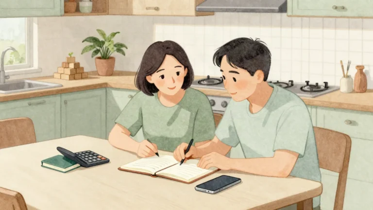 月末の夜、食卓に通帳やノートを並べて家計を確かめる夫婦