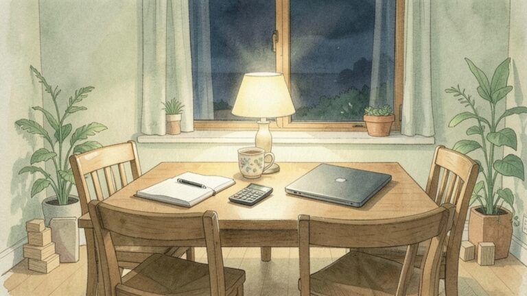 夜の食卓にノートと電卓、マグカップが並べられている様子