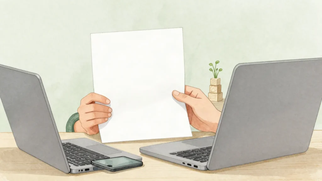 紙の書類と画面を見比べながら申告内容を確かめる場面
