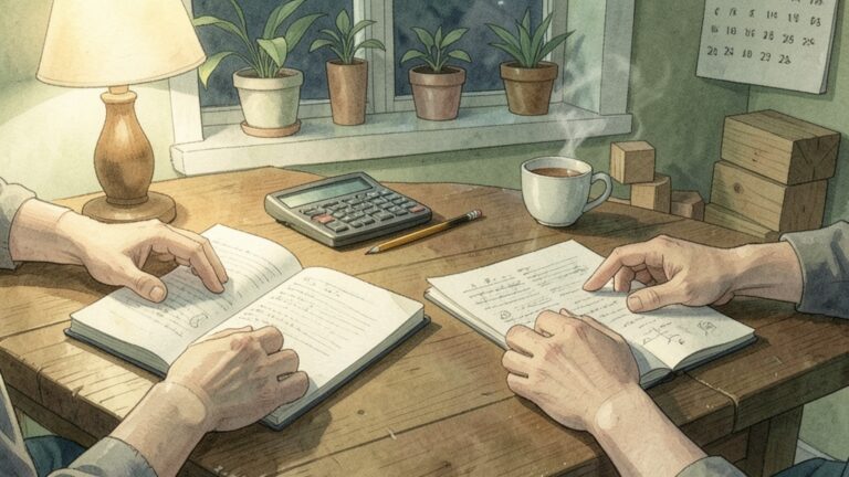 夜の食卓で二人が書類とノート、電卓を並べて家計を確認している場面
