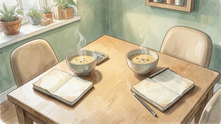 夜の食卓に置かれた器とノート、鉛筆、電卓